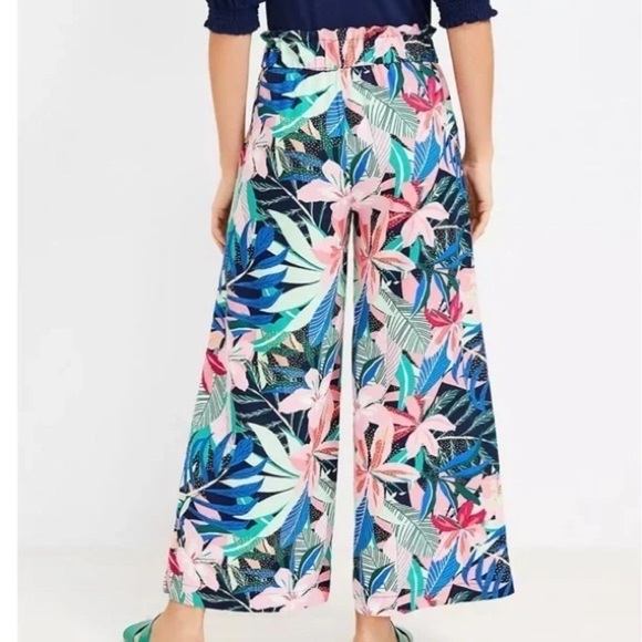 Loft Wide Leg Linen-Blend Tropical Palm Print Pull-On Crop Palazzo Pants, size S - Picture 3 of 8
